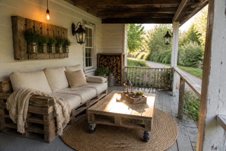 A covered porch with a pallet wood sofa and rolling coffee table on a woven rug, set against white siding and railings.