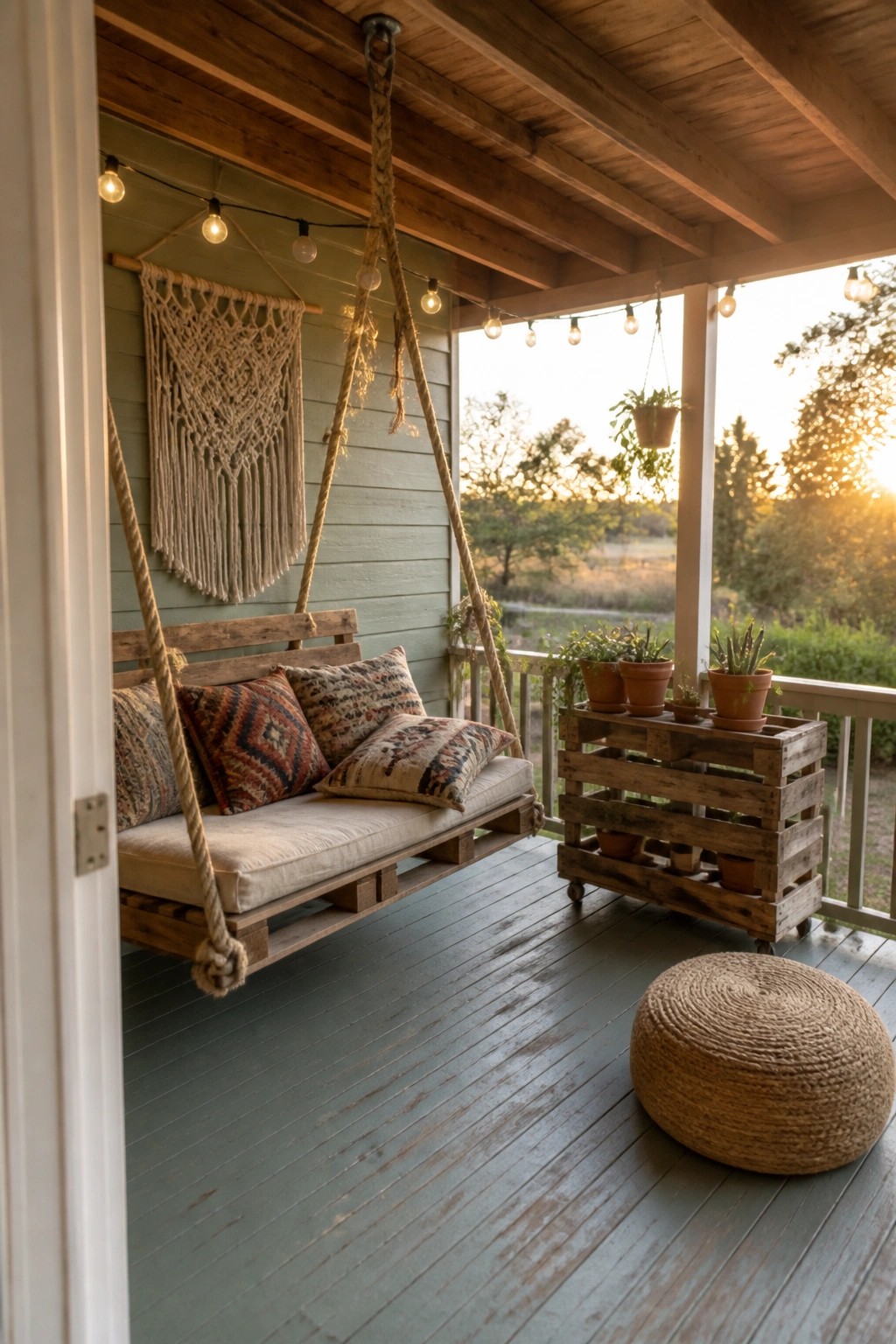 Rustic pallet wood porch swing with pillows, macrame, string lights, and woven pouf