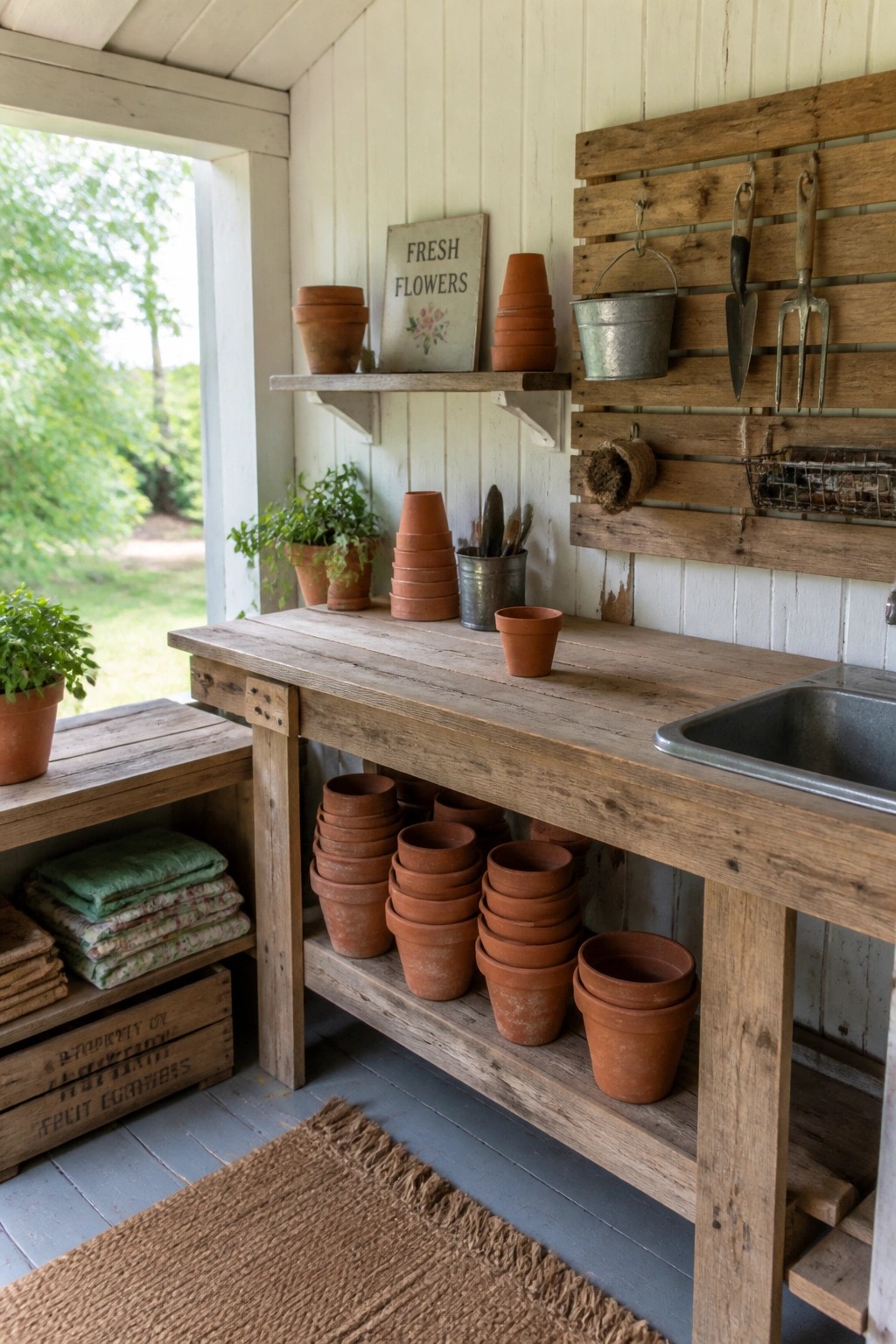 A rustic wooden workbench on a covered porch with a pallet mounted on the wall holding gardening tools and a metal bucket, plus stacks of terracotta pots on and under the bench.