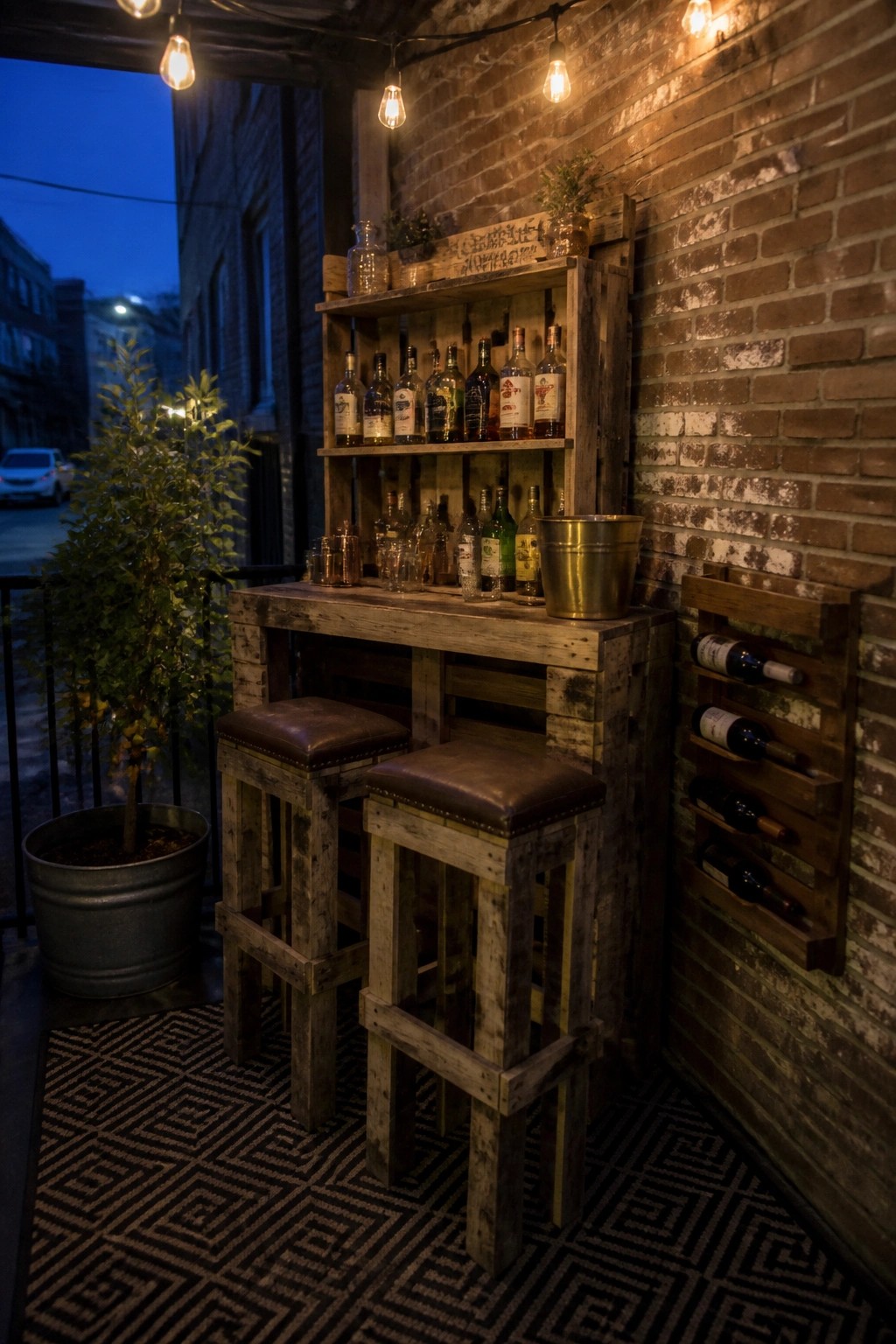 A wooden pallet bar with two stools sits against a brick wall on a covered porch, holding bottles, glasses, and a metal bucket on top of a patterned rug.