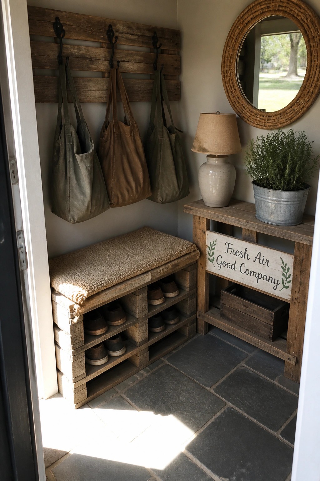 Rustic mudroom with hanging tote bags, pallet bench storing shoes, lamp, and mirror