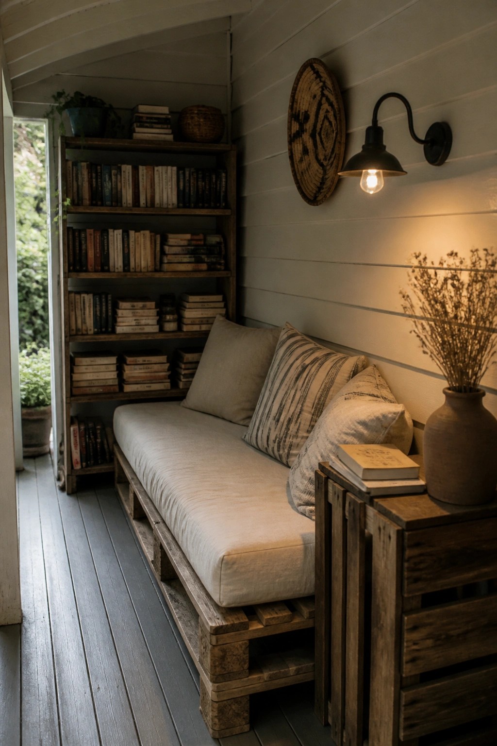 A pallet wood daybed with beige cushions sits on a covered porch beside a matching bookshelf and wooden crate table.
