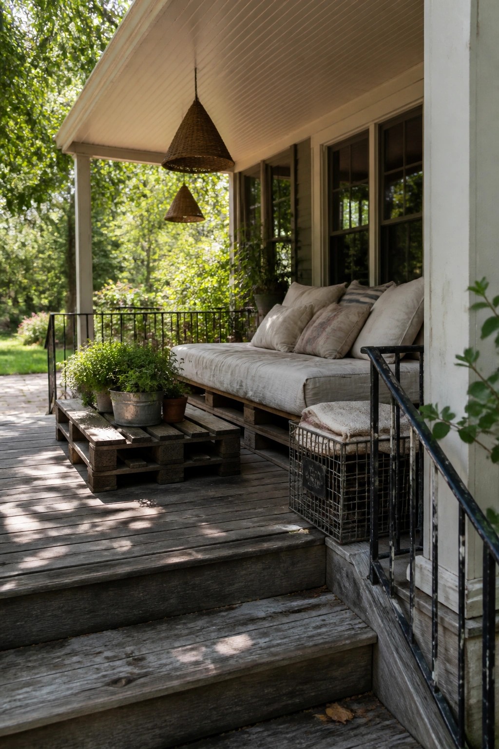 A covered porch features a low daybed built from stacked wooden pallets topped with linen cushions, potted plants, and a wire basket beside wooden steps.