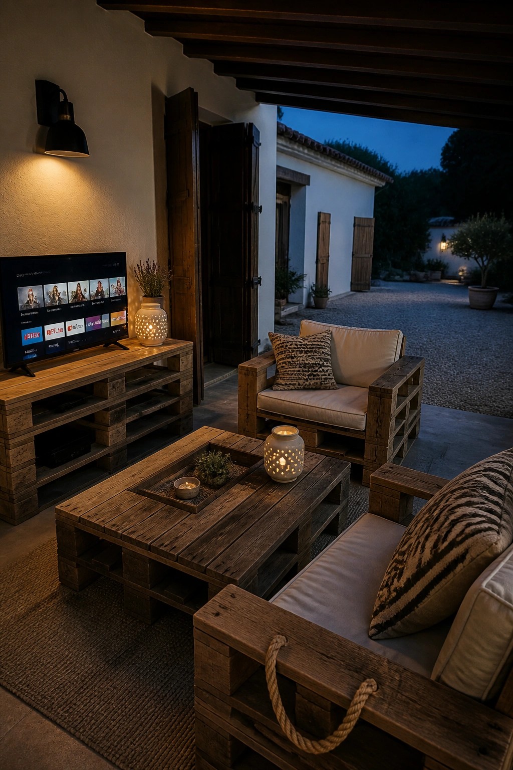 A covered porch at dusk furnished with rustic wooden pallet armchairs, a pallet coffee table holding lanterns, and a pallet TV console against the wall.