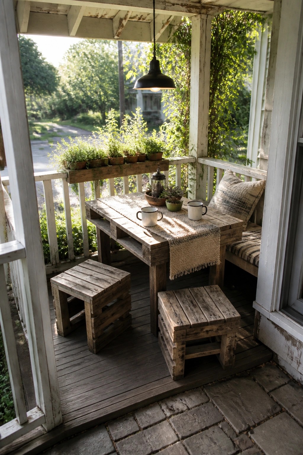A wooden pallet table with two low stools, two mugs, and a runner sits on a covered porch with a hanging light and potted plants along the railing.