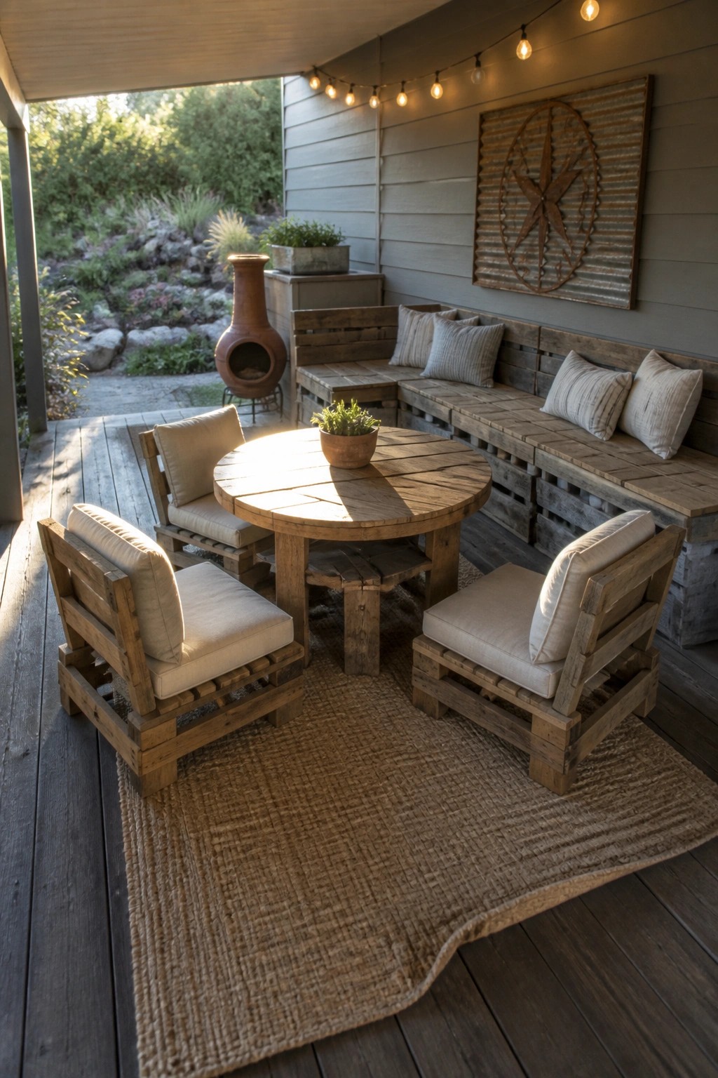 Rustic wooden deck with round table, pallet chairs, bench, rug, and string lights
