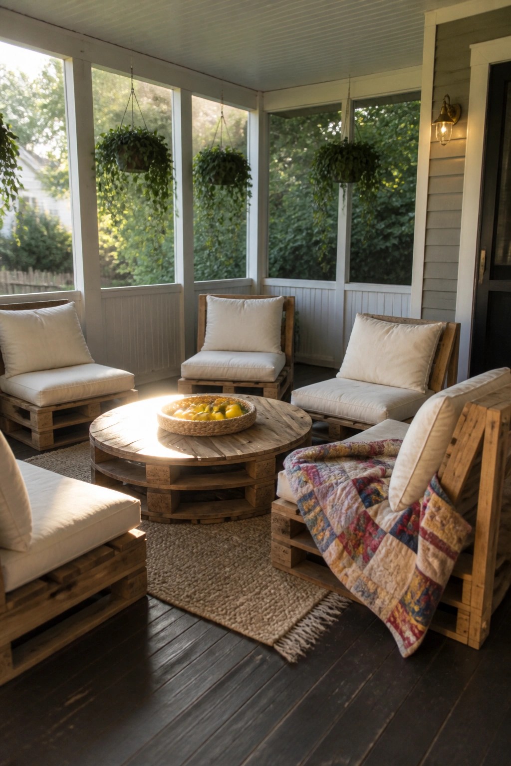 Cozy screened porch with rustic pallet furniture, white cushions, hanging plants, and quilt.