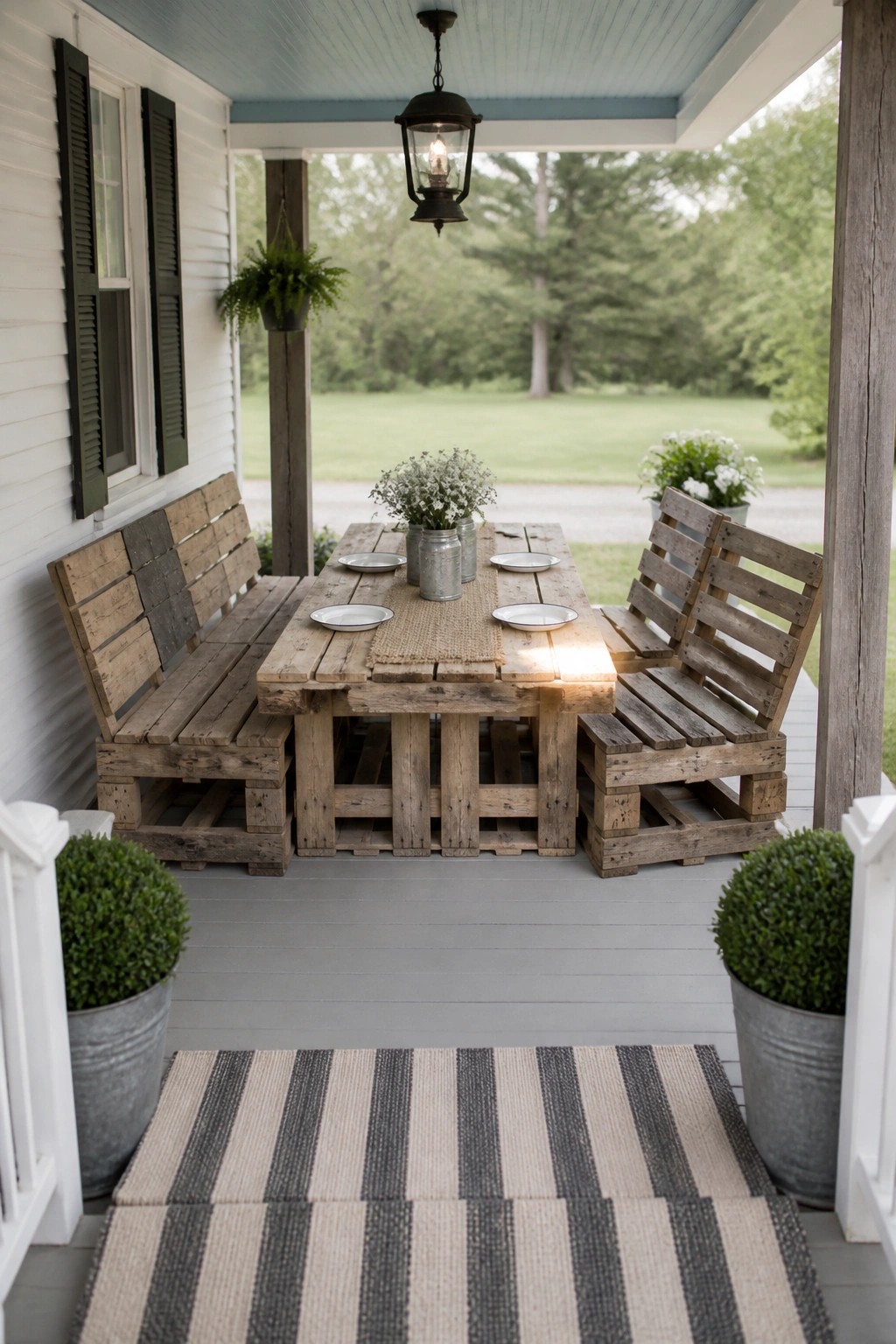 A rustic wooden pallet table and two benches arranged on a gray porch floor under a hanging lantern, with plates and flower jars on the table.