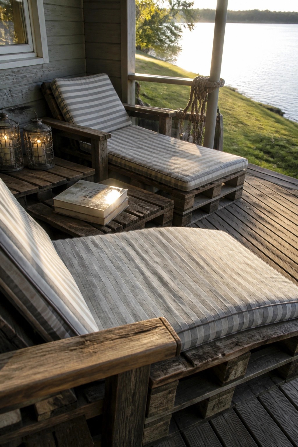 Wooden pallet lounge chairs with striped cushions arranged on a covered porch deck overlooking a lake.