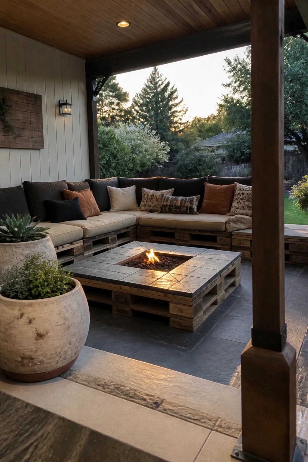 A covered wooden porch with an L-shaped sectional sofa made from stacked pallets and cushions surrounding a square stone fire pit also built on pallets.
