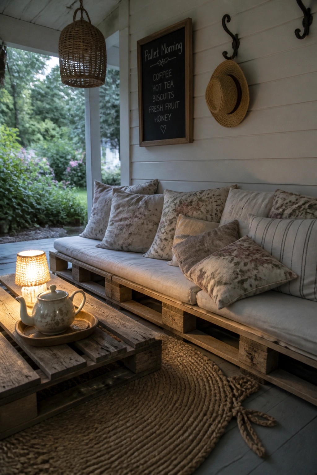 A covered porch shows a pallet sofa with cushions, a matching pallet coffee table holding a teapot and lamp, a round jute rug, and a chalkboard sign on the wall.