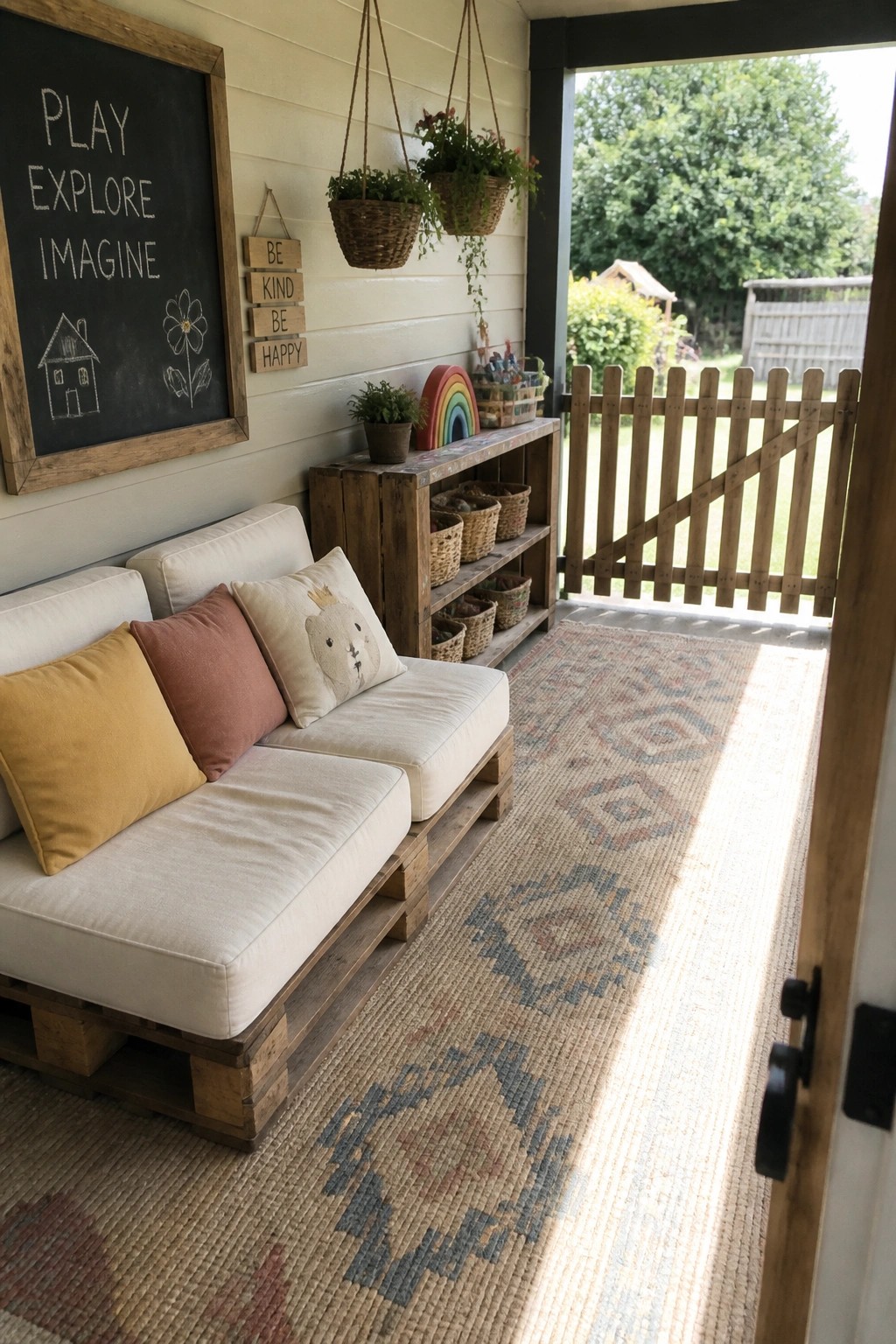 A pallet sofa with white cushions and pillows sits on a patterned rug on a covered porch beside a wooden crate shelf.