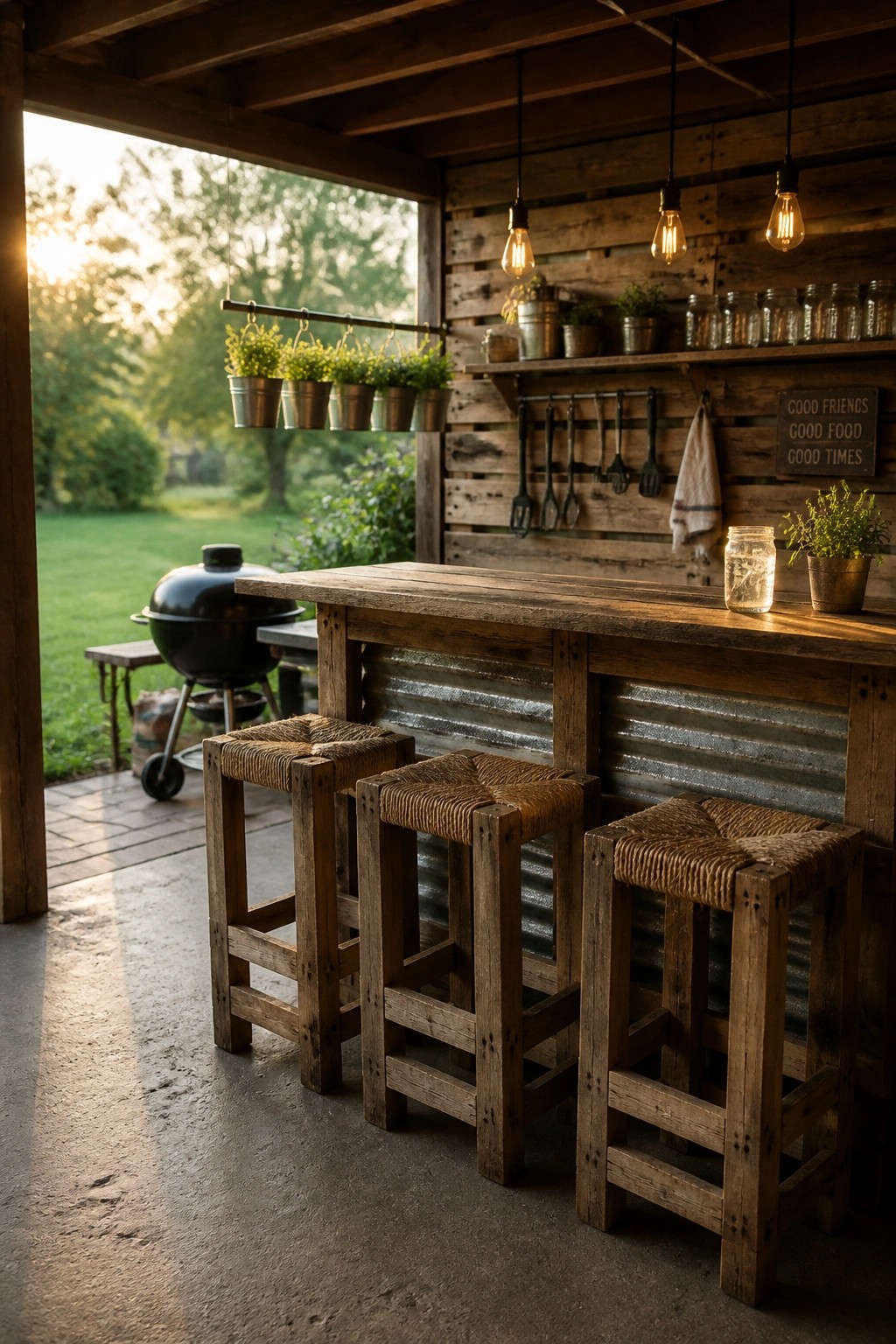 A rustic wooden bar counter with three woven seat stools sits under a covered porch with hanging lights and a grill visible outside.