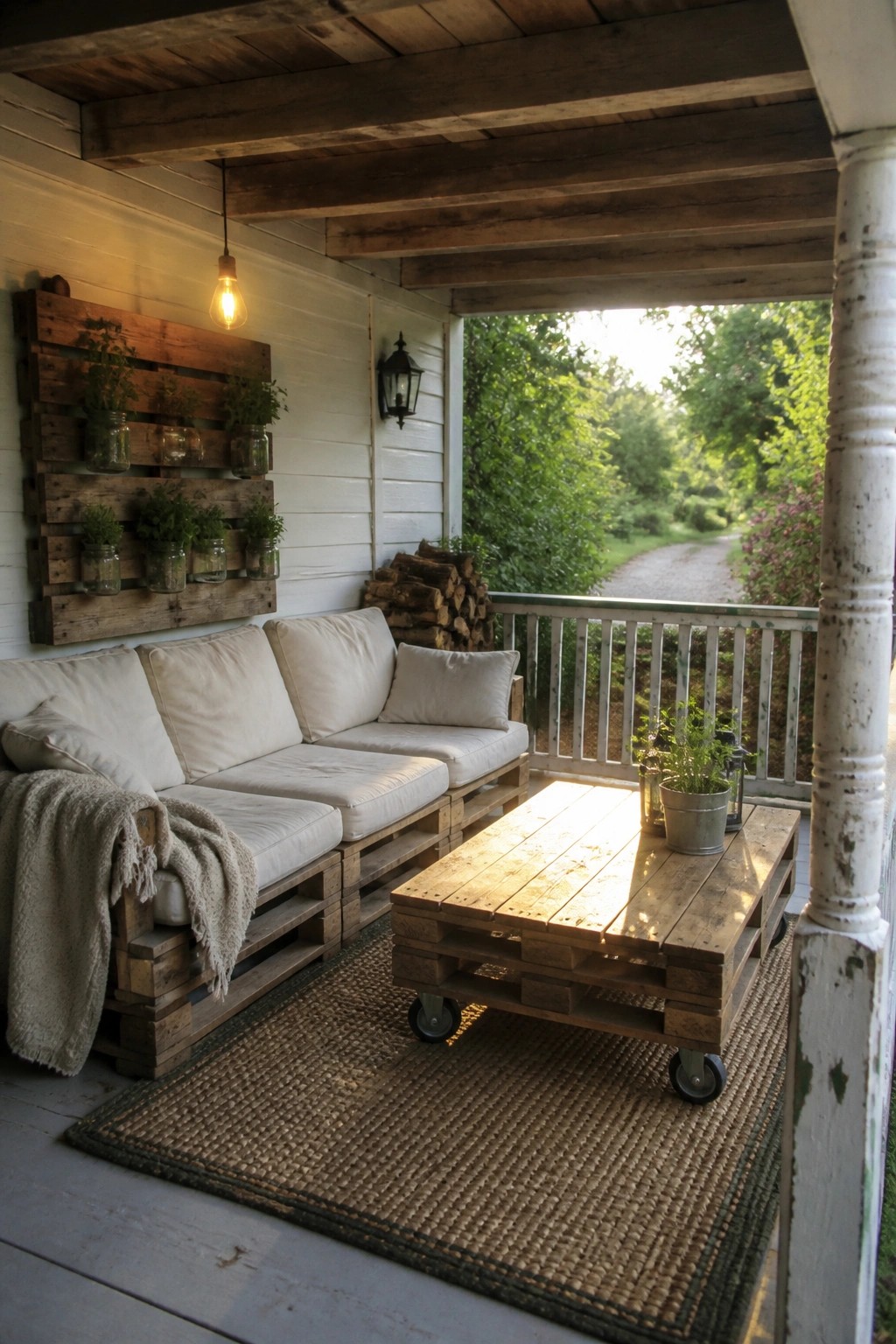 A covered porch with a pallet wood sofa and rolling coffee table on a woven rug, set against white siding and railings.