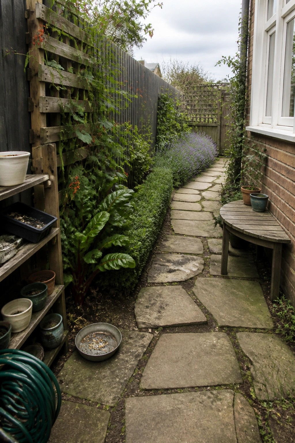 Winding stone path through lush garden with wooden fence, shelves, and plants.