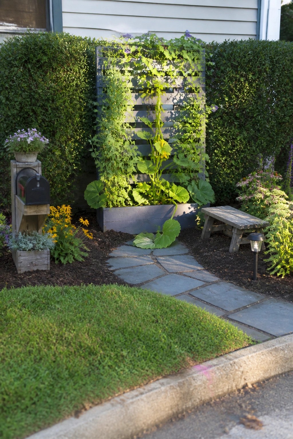 A wooden pallet standing upright in a garden bed as a trellis, with climbing vegetables growing through the slats beside a stone path.
