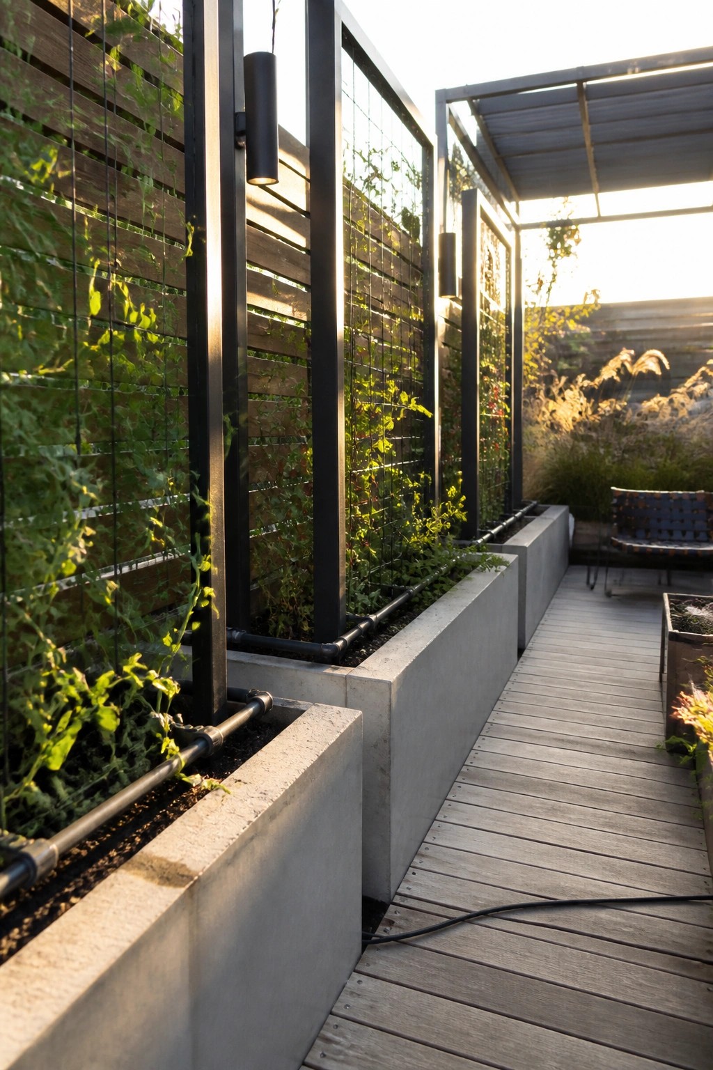 Concrete raised beds with black metal grid panels support climbing plants beside a wooden deck path.