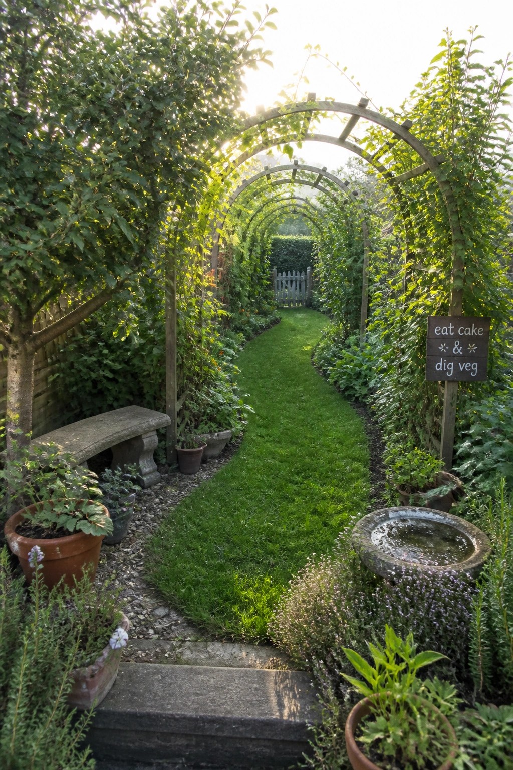 A narrow garden path runs under a wooden arched trellis covered in green vines, with potted plants along the edges and a stone bench on the left.