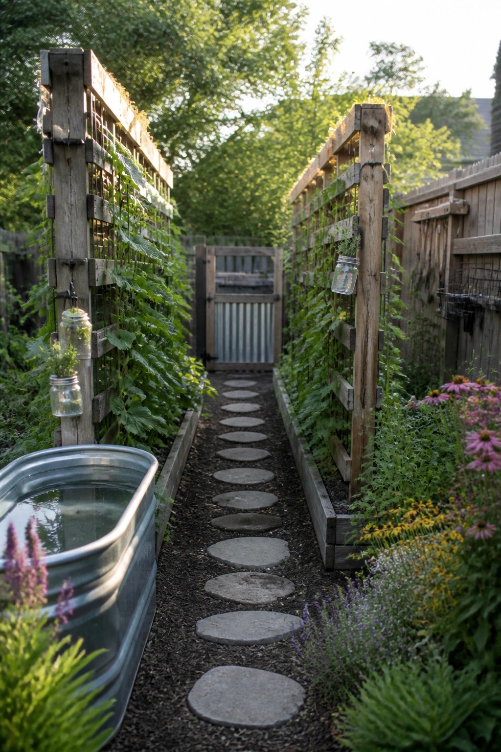 A narrow garden path bordered by tall wooden pallet trellises with climbing vines, stone stepping stones, and flowers on both sides.