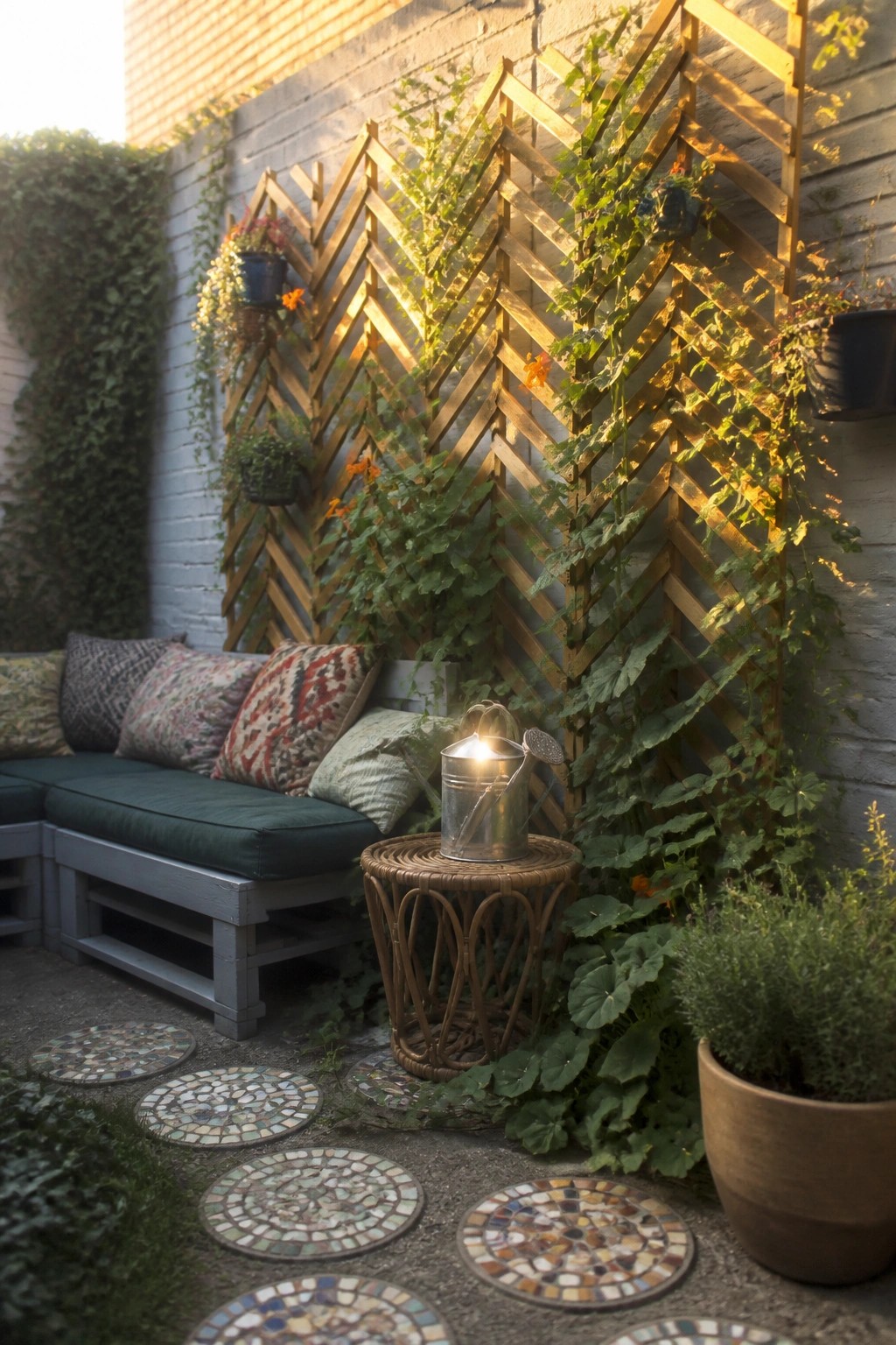 A wooden diamond lattice trellis mounted on a white brick wall supports green climbing plants beside a pallet bench with cushions and a round wicker stool.