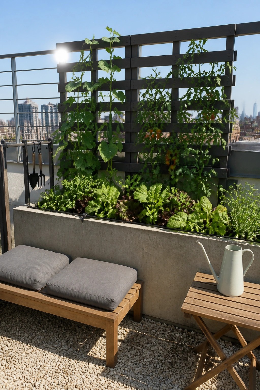 Rooftop garden with concrete planter, tomatoes, wooden bench, and city skyline.