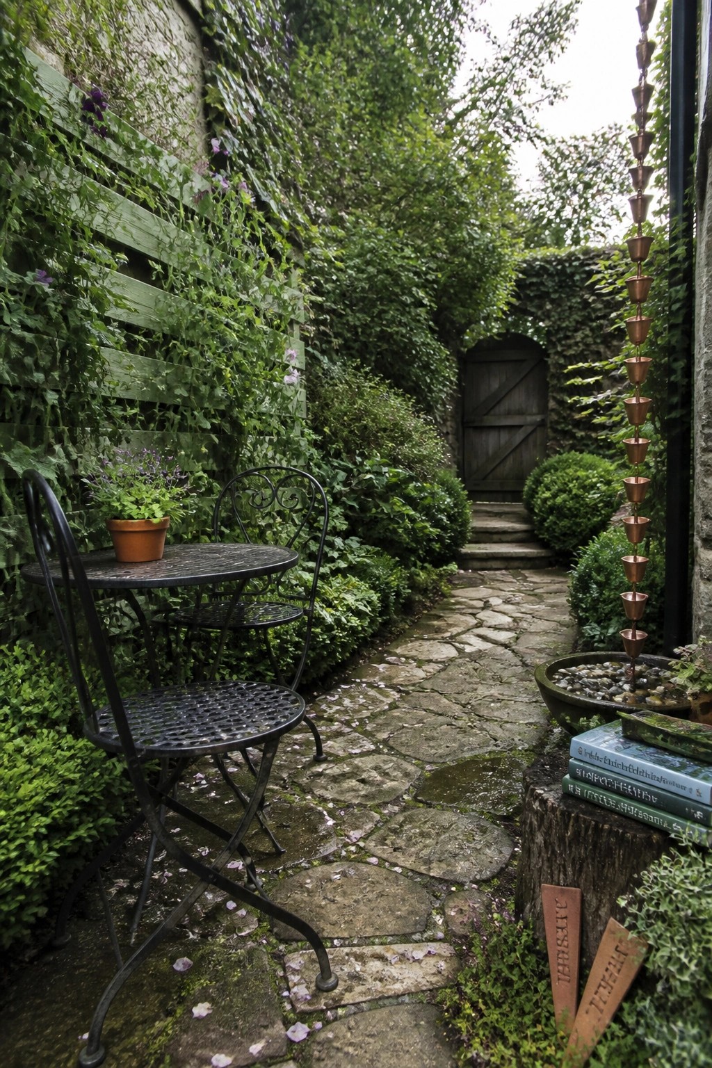 A narrow stone garden path bordered by wooden fences and walls covered in climbing vines, with a small black metal table and chairs placed among the greenery.