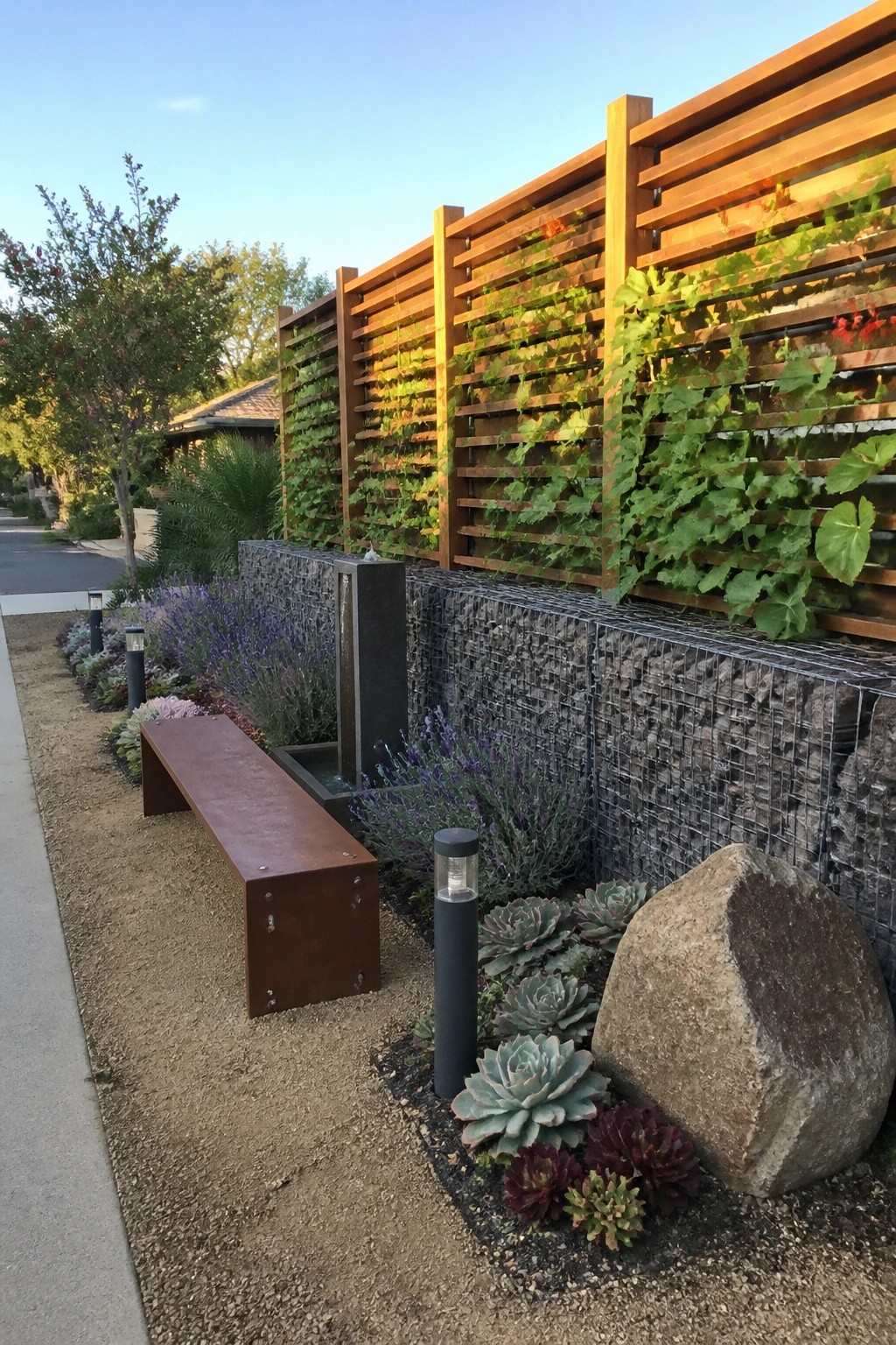 A garden area features a gabion stone wall topped with a wooden horizontal slat trellis covered in green vines and red flowers, alongside a metal bench, pathway lights, and succulent plants.