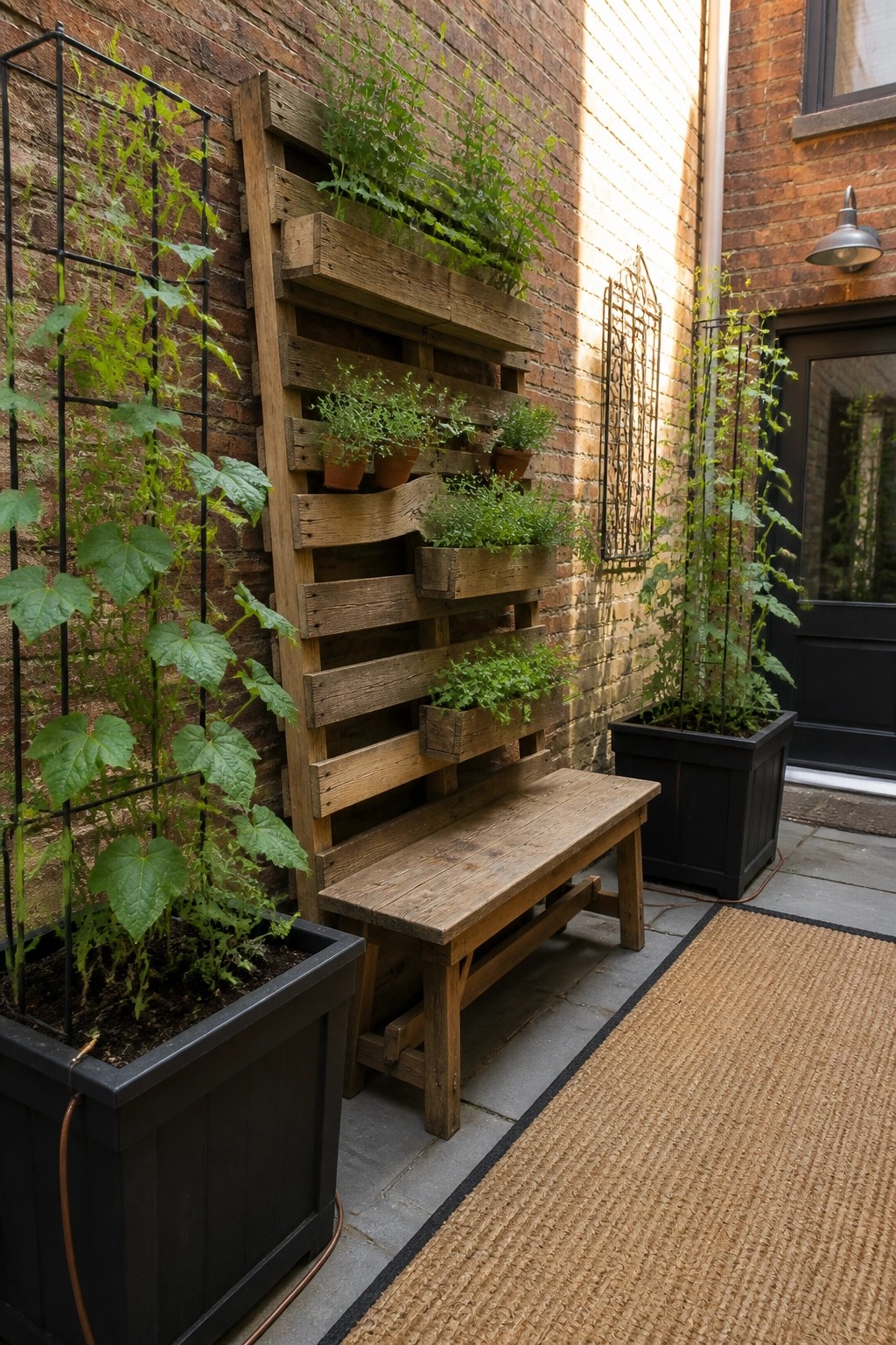 A wooden pallet is mounted vertically on a brick wall and holds several small pots with green plants, while climbing vines grow on wire trellises in nearby black planters.