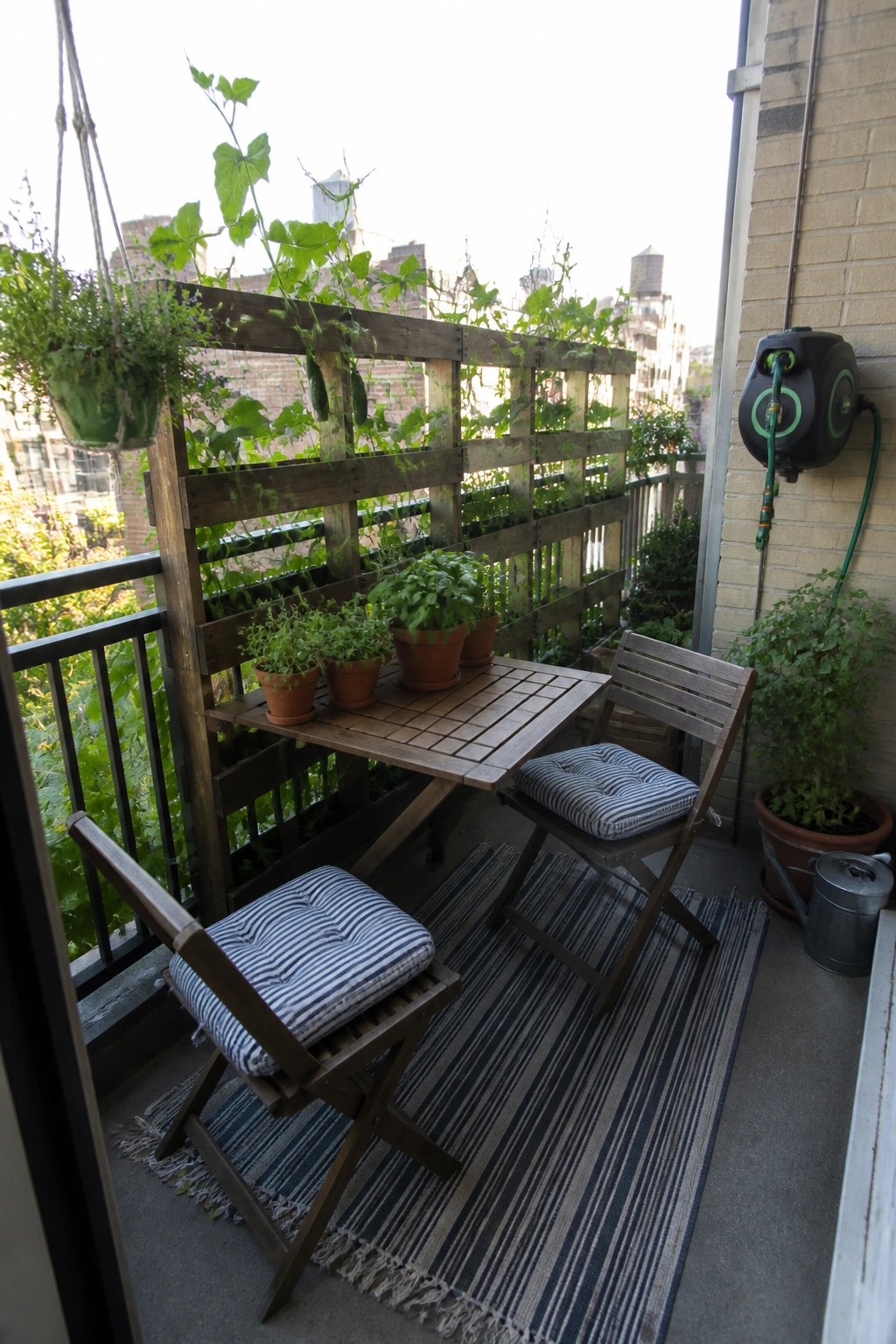 A wooden pallet attached vertically to a balcony railing with climbing cucumber vines growing through the slats, next to a small wooden table and two folding chairs.