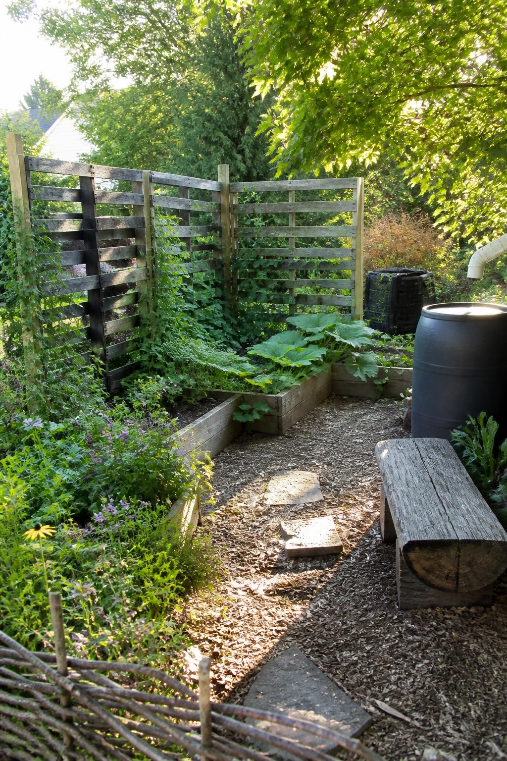 Raised wooden garden beds with plants, gravel path, bench and rain barrel