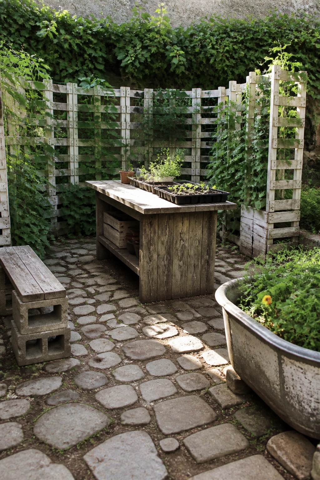 A garden scene with wooden pallet trellises covered in vines, a cobblestone path, a potting bench holding seedling trays, and a metal tub planter.