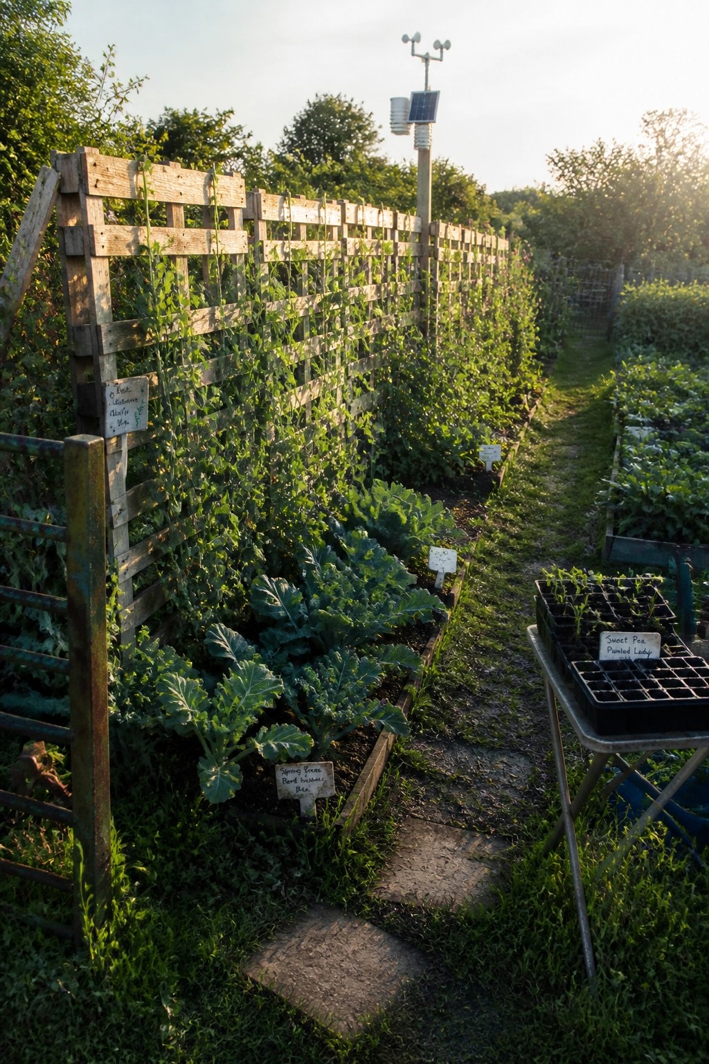 A garden bed lined with wooden pallet trellises holding climbing plants, with plant labels and seedling trays in the foreground.