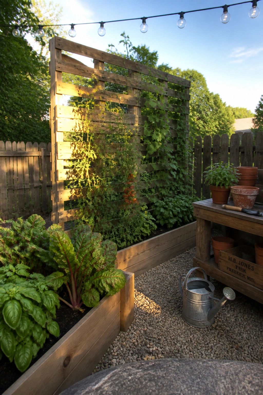 A wooden pallet standing upright behind a raised garden bed, with climbing vegetables growing through its slats.