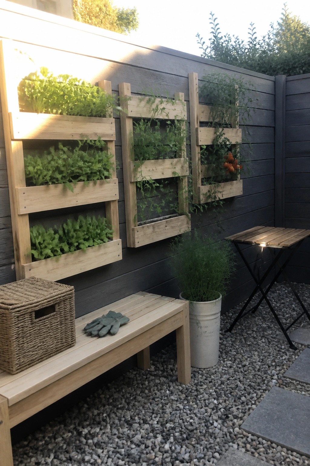 Wooden pallets mounted vertically on a dark fence, filled with leafy green vegetables and tomatoes, beside a wooden bench on gravel.