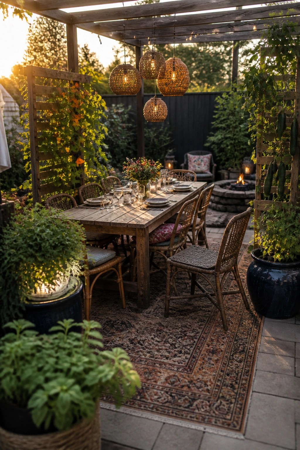 Outdoor patio with a wooden dining table on a rug, surrounded by wicker chairs, and vertical wooden trellises growing cucumbers and vines on both sides under a pergola.