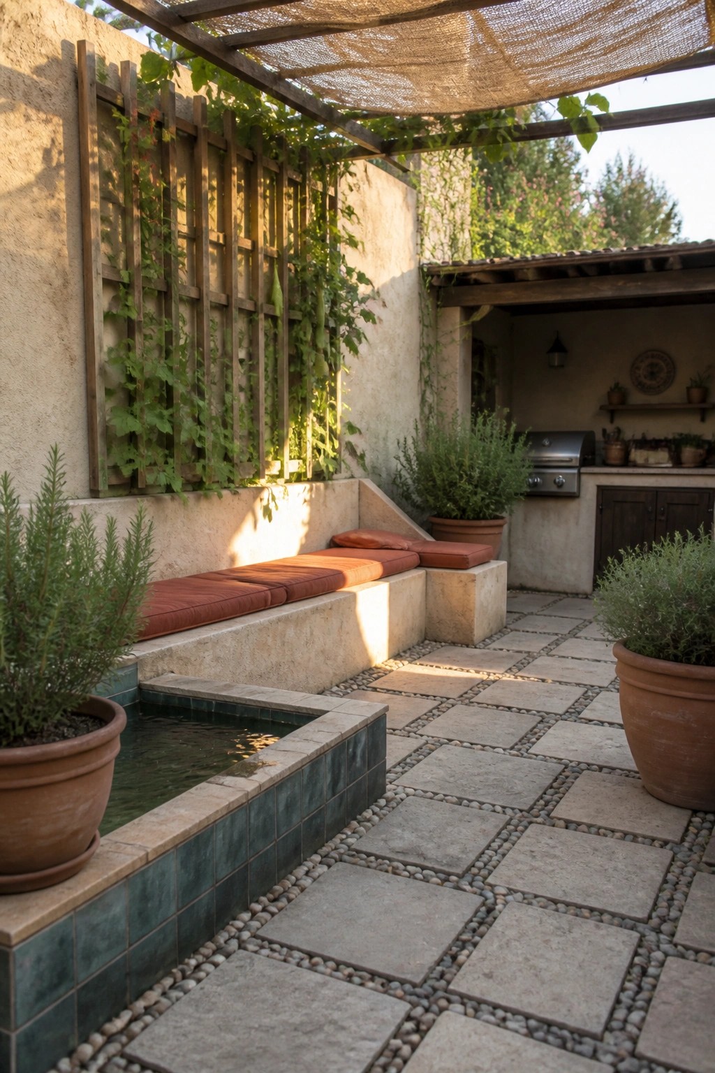 Stone courtyard with built-in bench, vine trellis, water feature, and grill