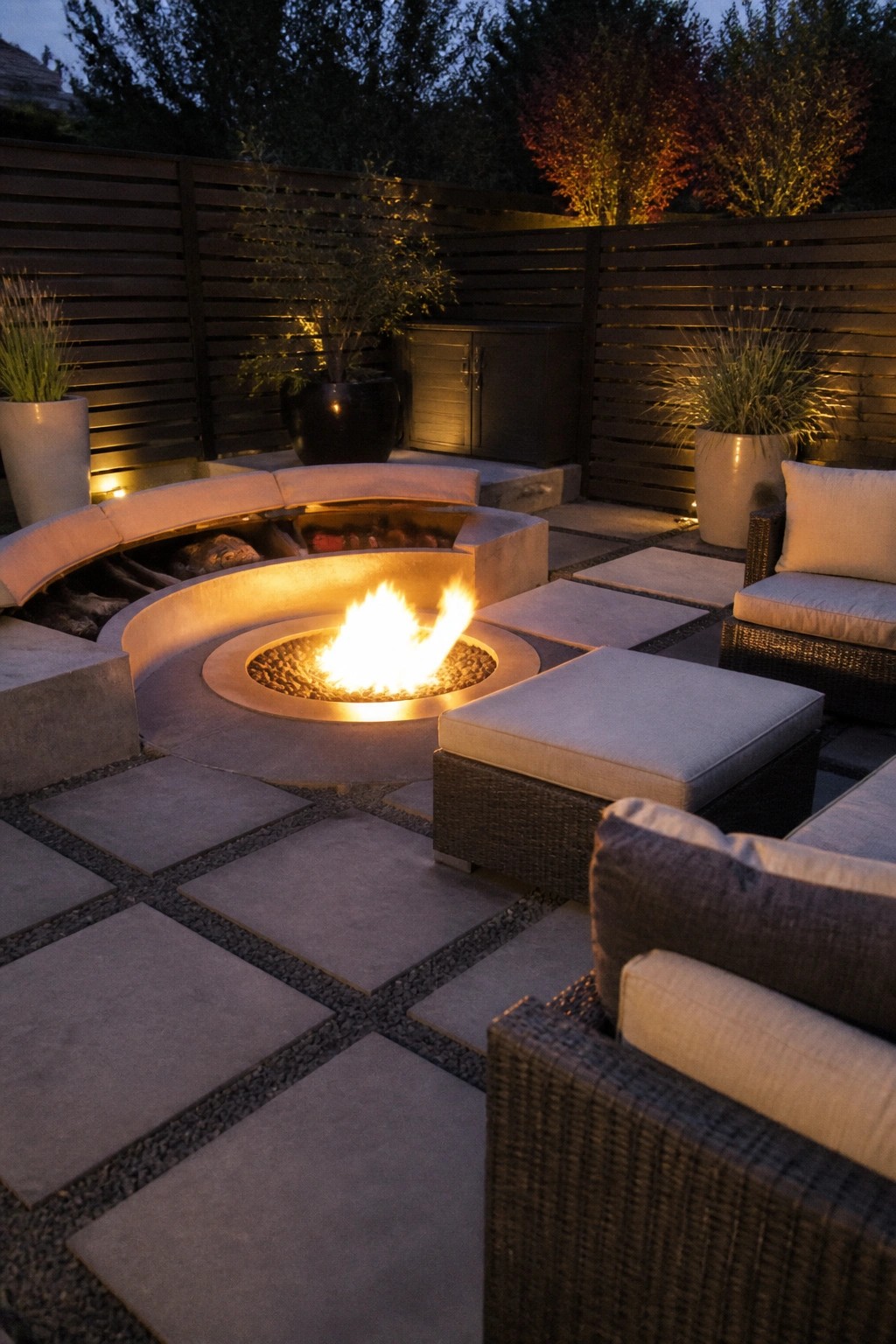Cozy nighttime patio with circular fire pit, wicker furniture, concrete seating, and potted plants.