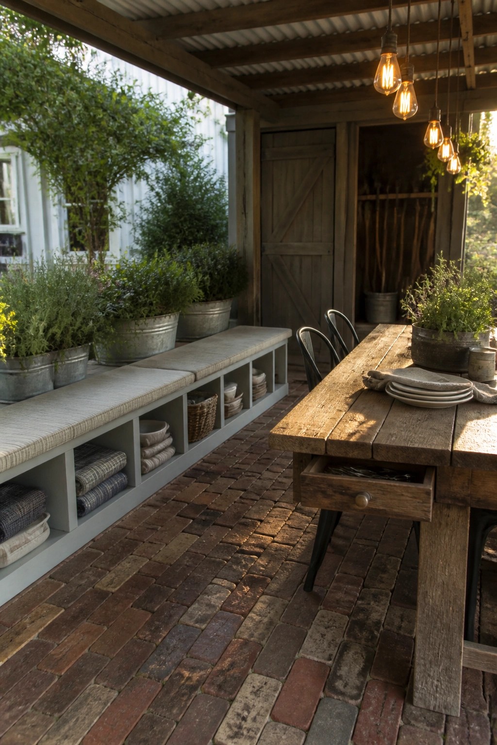 Rustic porch with wooden table, hanging bulbs, and storage bench amid potted plants