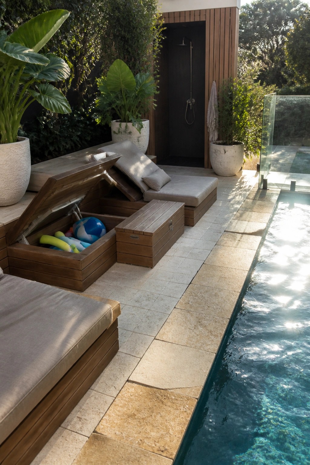 A poolside patio with wooden benches that have open storage compartments holding pool toys and cushions on the seats.