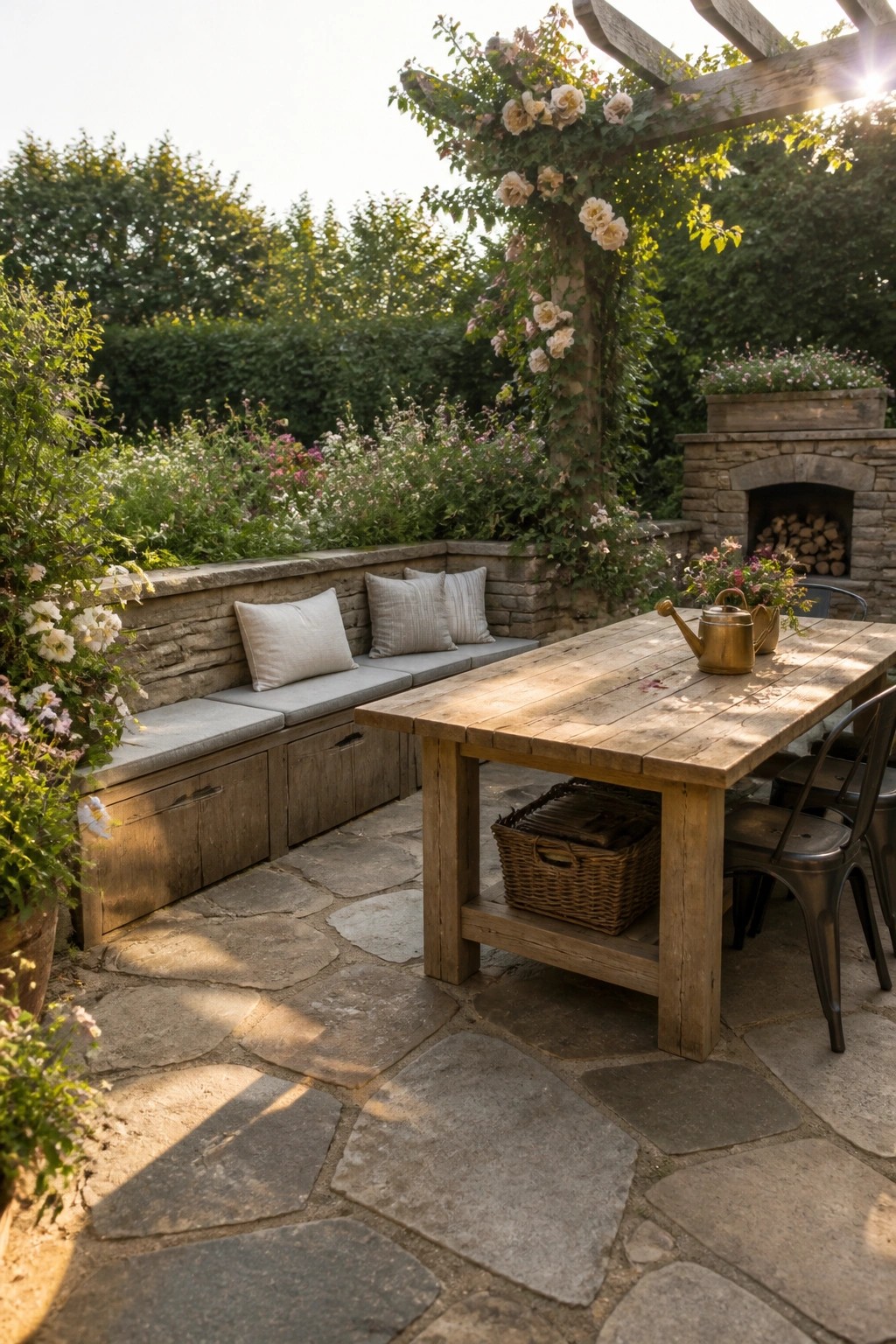 Sunlit garden patio with wooden table, stone bench, and rose-covered pergola