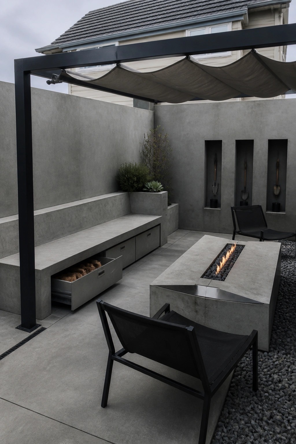 Concrete patio with built-in bench drawers for storage, a rectangular fire pit table, and black mesh chairs under a dark shade structure.