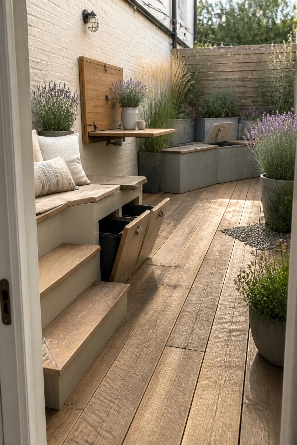 Wooden deck with built-in storage benches and compartments against a white brick wall, surrounded by potted plants and lavender.