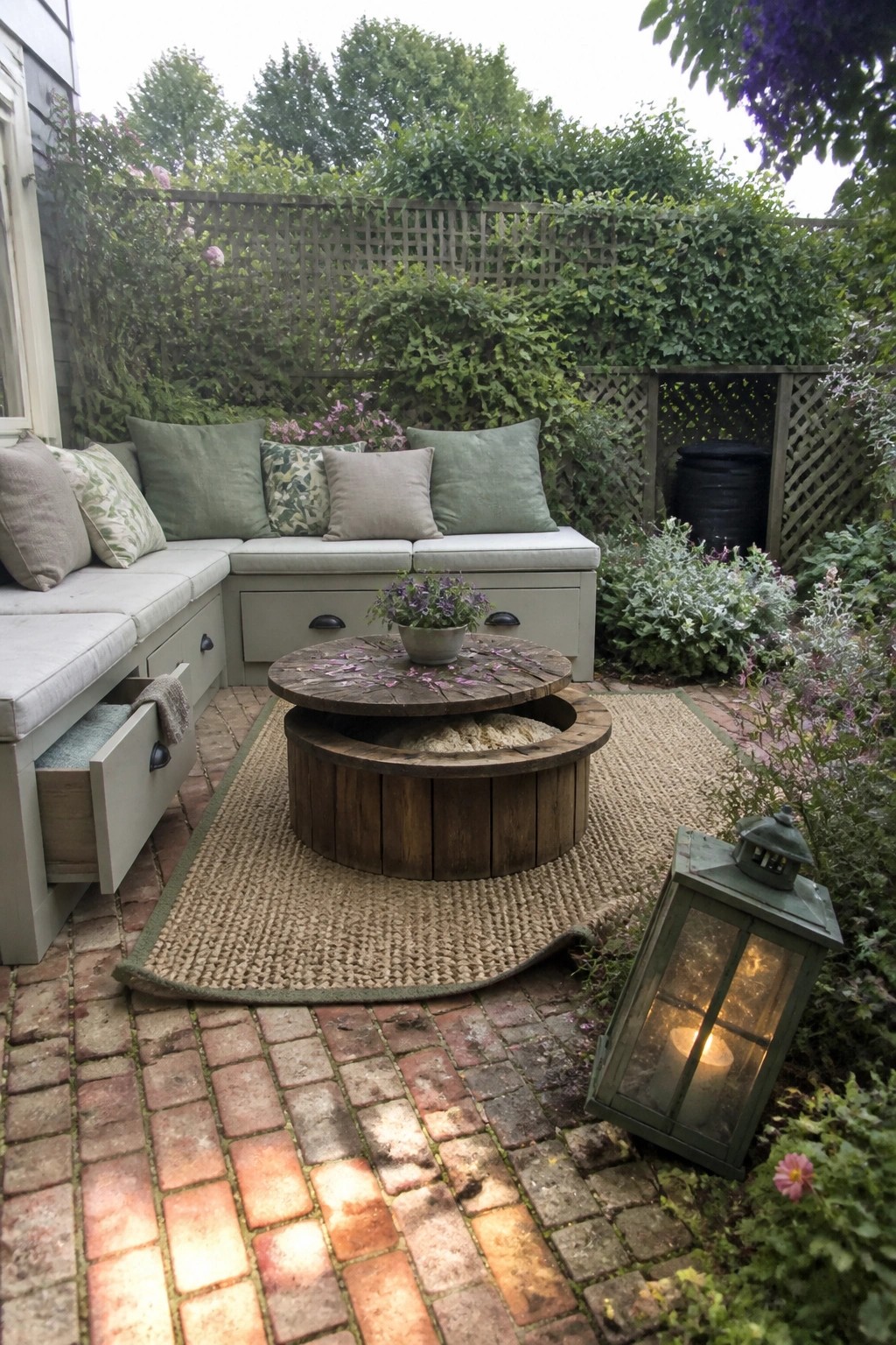 A patio corner with a built-in gray storage bench, round wooden spool table on a woven rug over brick, and a lit green lantern nearby.
