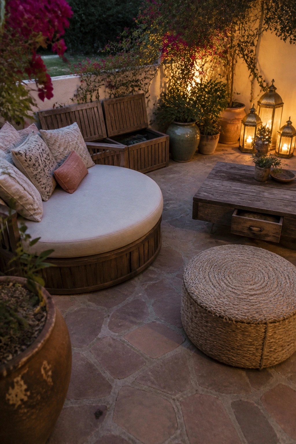 A stone patio at dusk with a round cushioned daybed, two open wooden storage boxes behind it, a low wooden coffee table with a drawer, woven pouf, potted plants, and several lit lanterns.