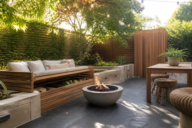 22 Clean Patio Ideas Using Hidden Storage to Reduce Clutter Cozy patio with wooden bench, open storage, fire pit, table, and string lights