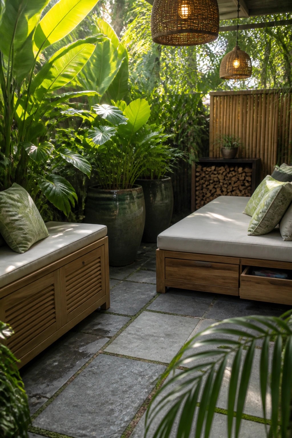 A stone patio with a wooden daybed that has under-storage drawers and a matching storage bench, surrounded by large potted tropical plants and two woven pendant lights.
