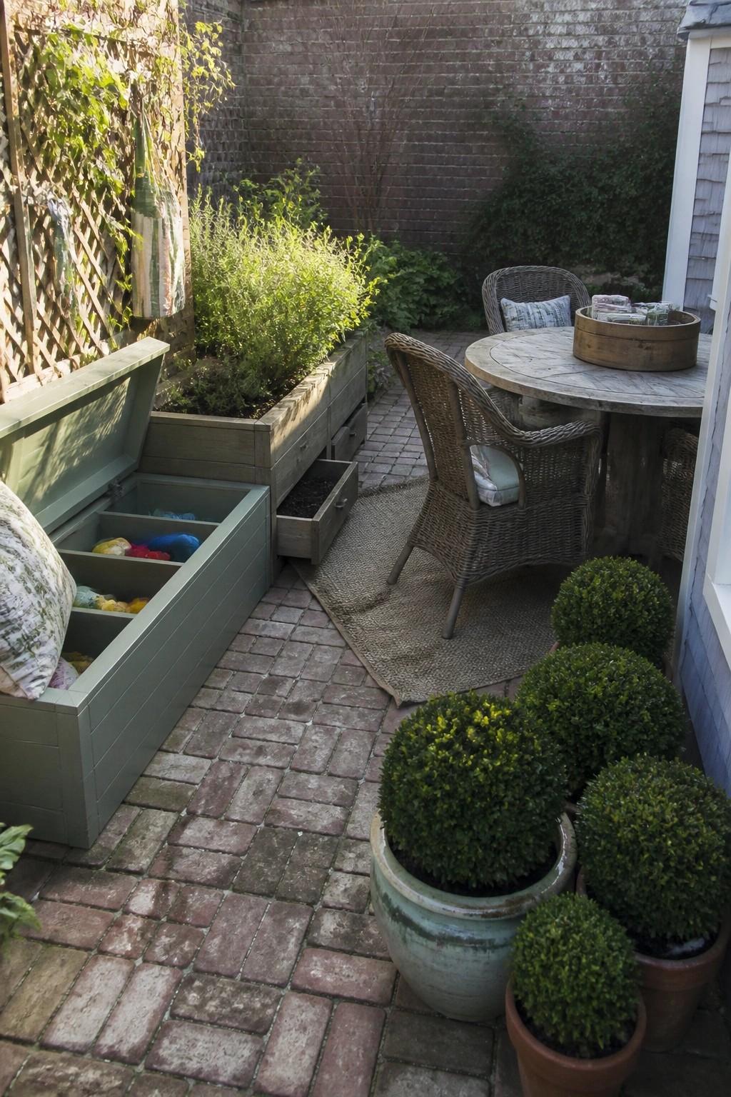 An outdoor patio with a green storage bench open to show interior compartments, a round wooden table with wicker chairs, potted shrubs, and brick paving.