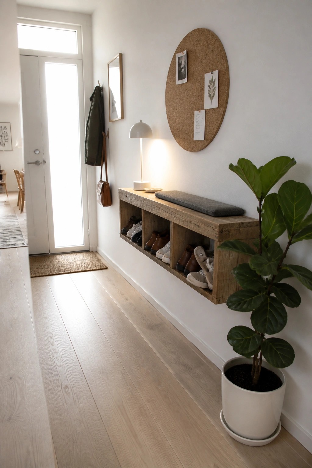A narrow wooden bench with shoe cubbies mounted on a white wall in an entryway, topped with a gray cushion and placed next to a potted plant.