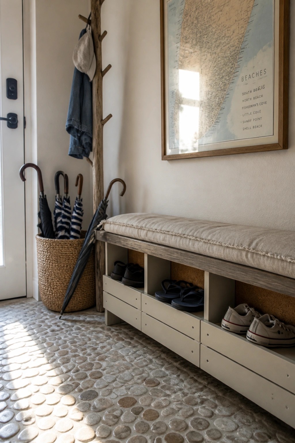 A narrow entryway with a long low bench that has open cubbies holding shoes, a cushioned seat on top, and a wooden coat rack beside it near a white door.