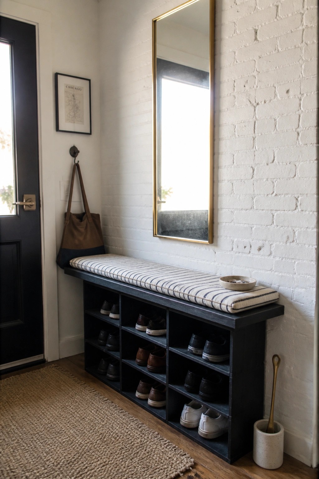 A long dark wooden bench with multiple open cubbies holding shoes sits against a white wall under a gold-framed mirror, topped with a striped cushion.